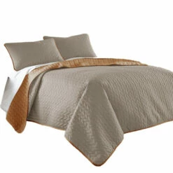 Best Sale 👍 Benzara Eva 3 Piece Queen Microfiber Reversible Coverlet Set, Quilted, Gray, Orange 🛒