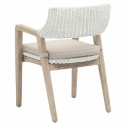 Cheapest 🧨 Benzara 22 Inch Classic Wood Armchair, Rattan, Double Cushion, White, Gray Fabric 🌟 -Benzara Sales Store unnamed file 7266