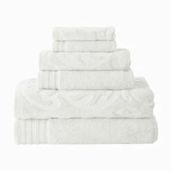 Best Sale 😀 Benzara Oya 6 Piece Soft Egyptian Cotton Towel Set, Solid Medallion Pattern, White 🎉