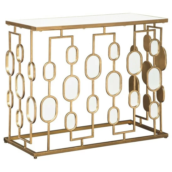 Promo ✨ Benzara Metal And Glass Console Table With Oval Mirror Accents, Gold 😍 3 Promo ✨ Benzara Metal And Glass Console Table With Oval Mirror Accents, Gold 😍