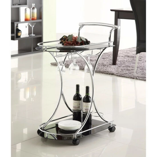 Cheap ❤️ Benzara Dazzling Serving Cart With 2 Black Glass Shelves, Silver 🔔 3 Cheap ❤️ Benzara Dazzling Serving Cart With 2 Black Glass Shelves, Silver 🔔