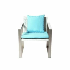 New ❤️ Benzara Anodized Aluminum Upholstered Cushioned Chair With Rattan, White/Turquoise 🔥