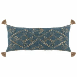 Brand new 🔥 Benzara 16 X 36 Accent Lumbar Pillow, Down, Blue Wool, Jute Woven Details, Tassels ❤️