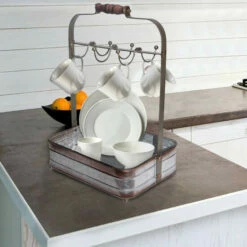 Best reviews of ⌛ Benzara AMC0018 Rustic Style Galvanized Metal Crockery Holder With Six Cup Hooks, Gray 👏