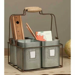 Promo 🤩 Benzara Galvanized Metal Four Tin Organizer With Handles, Gray 👍